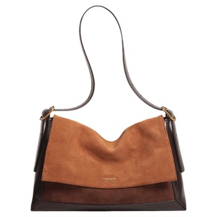 妙迪托特包大容量女麂皮绒面复古撞色真皮邮差包新款斜挎包包女