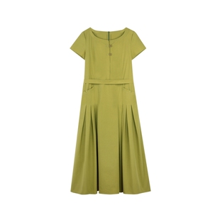 solighter 法式复古绿色圆领衬衫连衣裙夏季2025新款显瘦收腰长裙