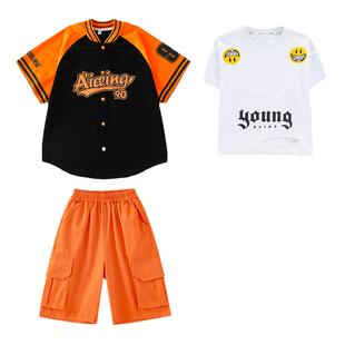 儿童街舞套装hiphop男童嘻哈短袖拼色外套演出服炸街潮牌夏季2026