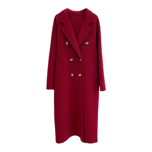 M101801红色双面羊毛大衣女长中款2025年秋冬新款双排扣毛呢外套