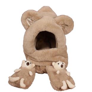 可爱小熊帽子围巾一体女秋冬季手套三件套围脖毛绒连帽保暖毛茸茸