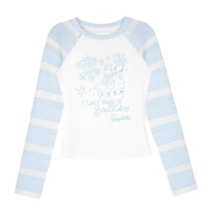 SagiDolls少女斗志软糯治愈蓝白条纹雪人印花插肩袖T恤可爱显瘦春