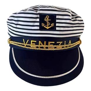 复古条纹海军风船长水手帽甜美平顶八角帽日系少女礼帽拍照贝雷帽