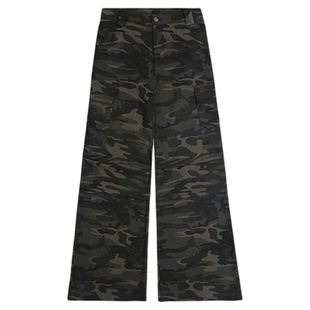 迷彩工装裤女款2025新款夏季美式宽松显瘦大口袋中腰阔腿牛仔裤子
