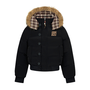 SREK冬季新款美式百搭复古毛领连帽棉服女短款加厚保暖棉衣外套