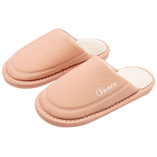 秋冬季情侣防水PU皮棉拖鞋女室内防滑加绒保暖软底加厚简约居家男