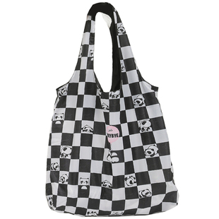 新品可折叠大熊猫便携环保购物袋 黑白格INS风折叠收纳超轻单肩包