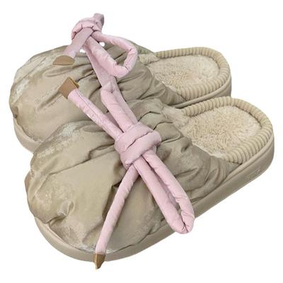 细细条高级感蝴蝶结室内外棉拖鞋