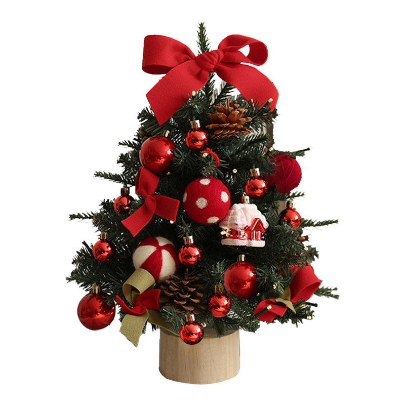 迷你圣诞树带松果红色球桌面摆件