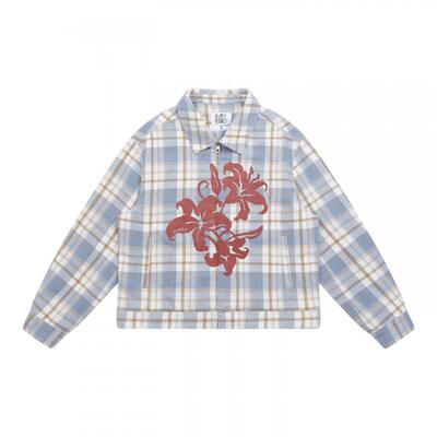 EMPTY REFERENCE 蓝棕格纹毛呢花朵印花宽松休闲拉链翻领夹克外套