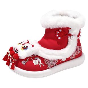 官网C&K本命年女童汉服鞋冬季新款儿童绣花雪地靴红色加绒虎头鞋