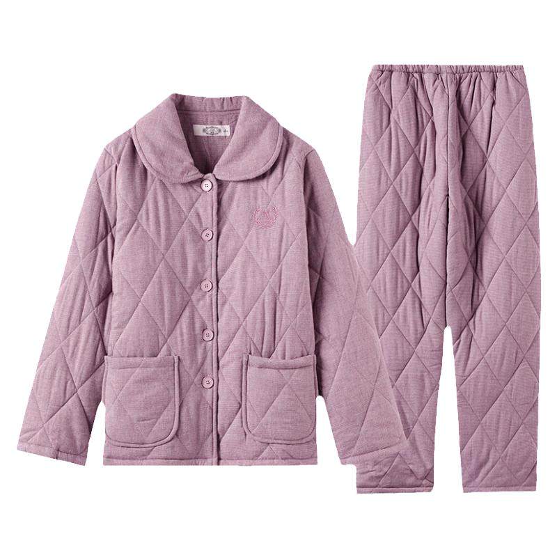 美标冬季御寒保暖三层加厚夹棉纯棉睡衣女秋可外穿全棉质家居服