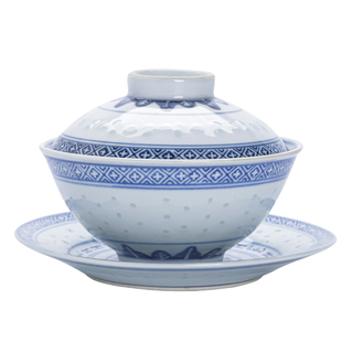 景德镇缘满瓷陶瓷茶具八十年代光明瓷厂青花玲珑中式复古三才盖碗