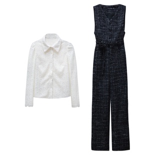 【优雅独白】小娜椒小个子春季高级感小香风连体裤蕾丝衬衫套装女