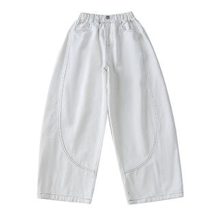 女童白色牛仔阔腿裤加绒保暖直筒休闲长裤洋气初中学生秋冬装裤子