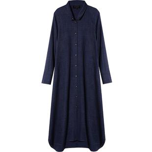 COCOBELLA牛仔色褶皱肌理长袖连衣裙女春复古高智感衬衫裙FR0062
