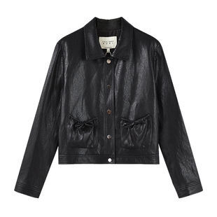 秋水伊人百搭利落风短外套2026年春季新款显瘦蝴蝶结翻领PU皮衣