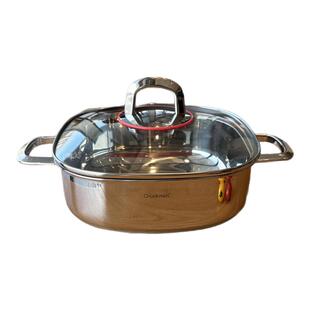 方形汤锅18/10不锈钢加厚一体成型24cm方形火锅煎炒煮双耳多用锅