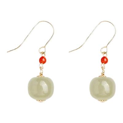 天然和田玉青玉老型珠耳坠