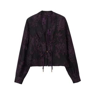 水墨佳人新中式100%桑蚕丝提花短款 V 领系带宽松显瘦外套