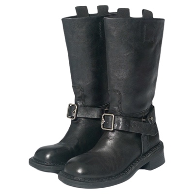 水洗牛皮圆头厚底皮带扣马丁靴女