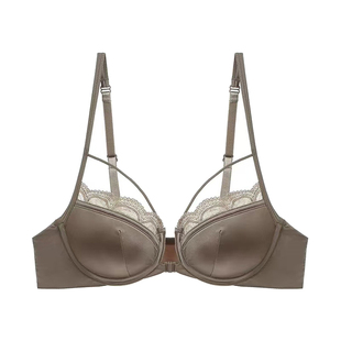 法式前扣蕾丝缎面内衣女小胸聚拢性感交叉美胸薄款光面文胸罩套装