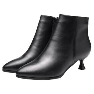 细跟尖头短靴女黑色高跟鞋秋冬工装鞋猫跟工作鞋低跟裸靴真皮女靴