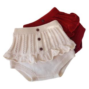 韩版女童花苞裤秋冬季宝宝毛线针织裤婴幼儿洋气百搭公主花边短裤