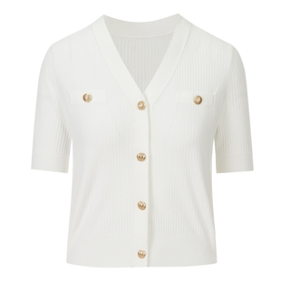 LIME莱茵V领小香风针织开衫春夏新款时尚显瘦设计感女短袖