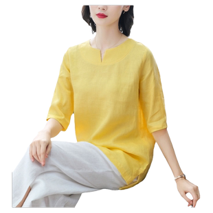 2026夏季新款旅行文艺亚麻百搭上衣女宽松中长款棉麻麻料纯色T恤