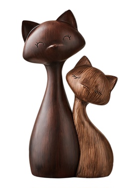 木雕猫咪摆件一对家居装饰品