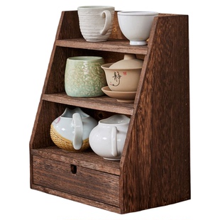 实木桌面杂物收纳架办公桌茶具杯子咖啡杯架带抽屉小博古架摆放架