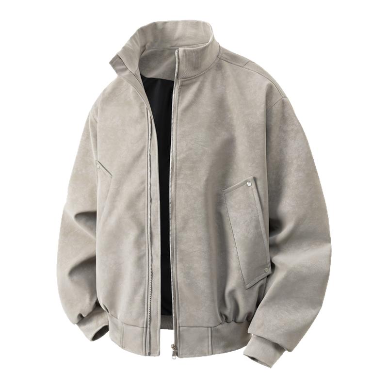 灰色扎染立领pu皮衣外套男秋季短款棒球服cleanfit美式飞行员夹克
