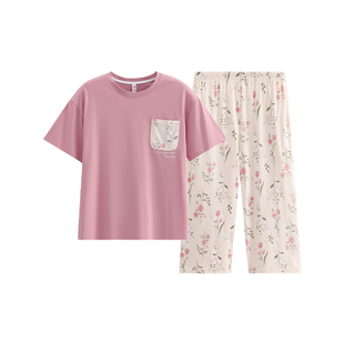 芬腾纯棉睡衣女夏季薄款短袖七分裤套装女款休闲大码可外穿家居服