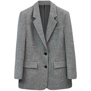 芝美日禾 山羊绒羊毛混纺修身职业黑色小西装外套气质显瘦女秋冬