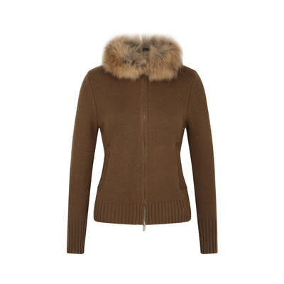 貉子毛领修身拉链毛衣开衫