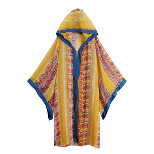 西藏云南度假旅拍民族风印花连帽防晒衣衫大袖外搭长款开衫薄斗篷