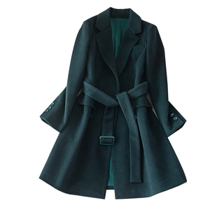 沉稳大气黑绿色中长款毛呢西装春春新品加厚双排扣羊毛外套上衣女