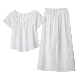 白色短袖套头睡衣女生纯棉布圆领小香风八分阔腿裤家居睡眠服薄款