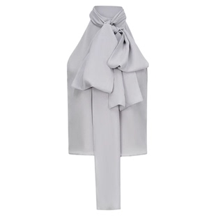 【刘敏涛同款】AS DALIO法式灰色真丝无袖绑带上衣气质挂脖衬衣