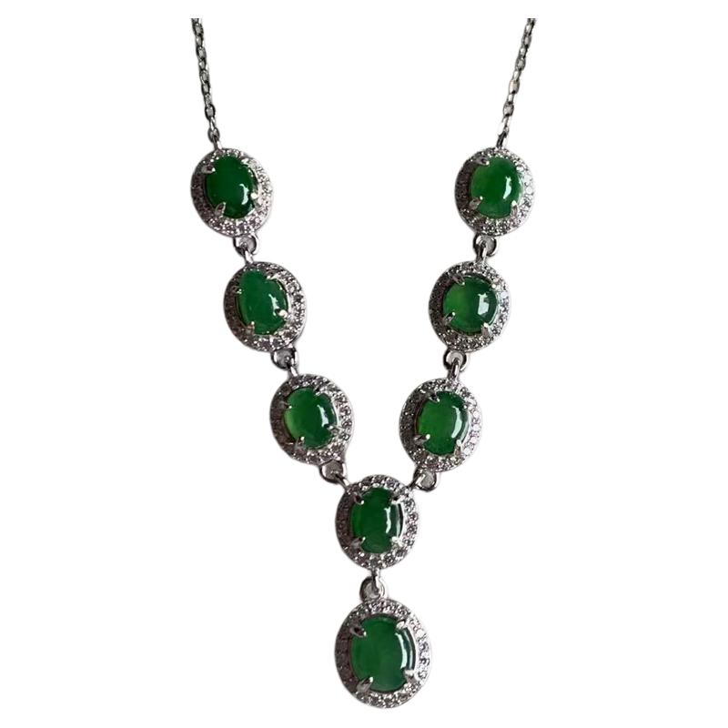 缅甸天然A货翡翠项链绿色蛋面镶嵌套链6~6.5mmS925银锆石镶嵌