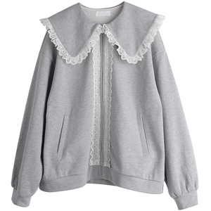 300斤复古花灰色外套胖仙女莹莹大码女装胖mm遮肉花边娃娃领卫衣