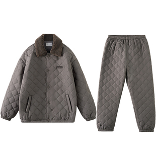 红豆夹棉睡衣加厚男女外穿棉服抗寒防风翻领格纹抗静电家居服套装