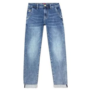 斜纹面料斜插裤兜牛仔裤男高端印花蓝色弹力修身小脚长裤夏季薄款