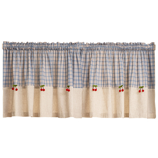 棉麻田园风蓝色格子半帘窗帘门帘美式飘窗小短帘免打孔咖啡遮挡帘