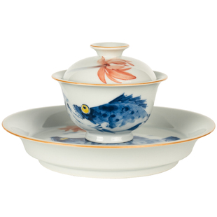 圣山景德镇仿古青花手绘写意国画荷叶贵鱼陶瓷盖碗茶具套组茶杯