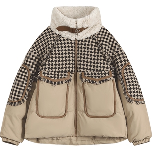 妖精的口袋复古格纹拼接短款羽绒服女2026年冬季新款保暖厚外套