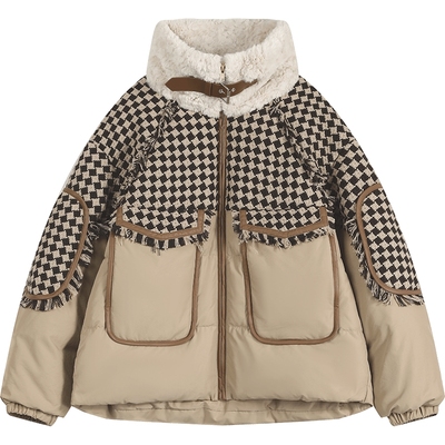 妖精的口袋复古格纹拼接羽绒服