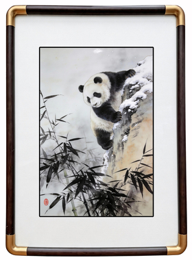 四九艺社 景德镇雪竹熊猫工笔陶瓷板画 新中式客厅书房茶室装饰画