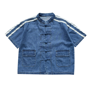 团子麻麻男童牛仔衬衫夏季短袖新中式国风盘扣男孩上衣薄款潮童装